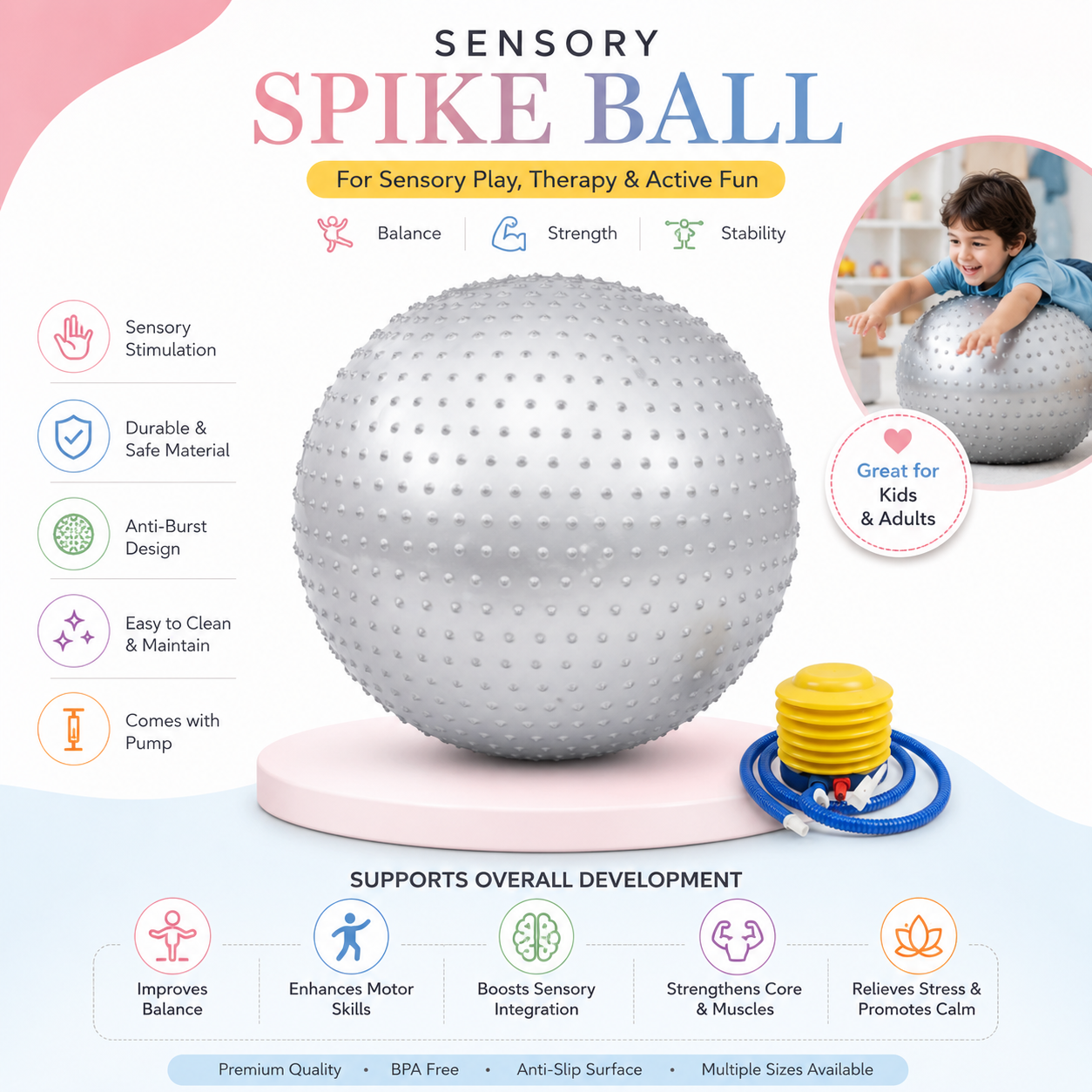 Spike Gym Ball | Spiky Therapy Exercise Ball with Pump For Kids|75cm - Image 2